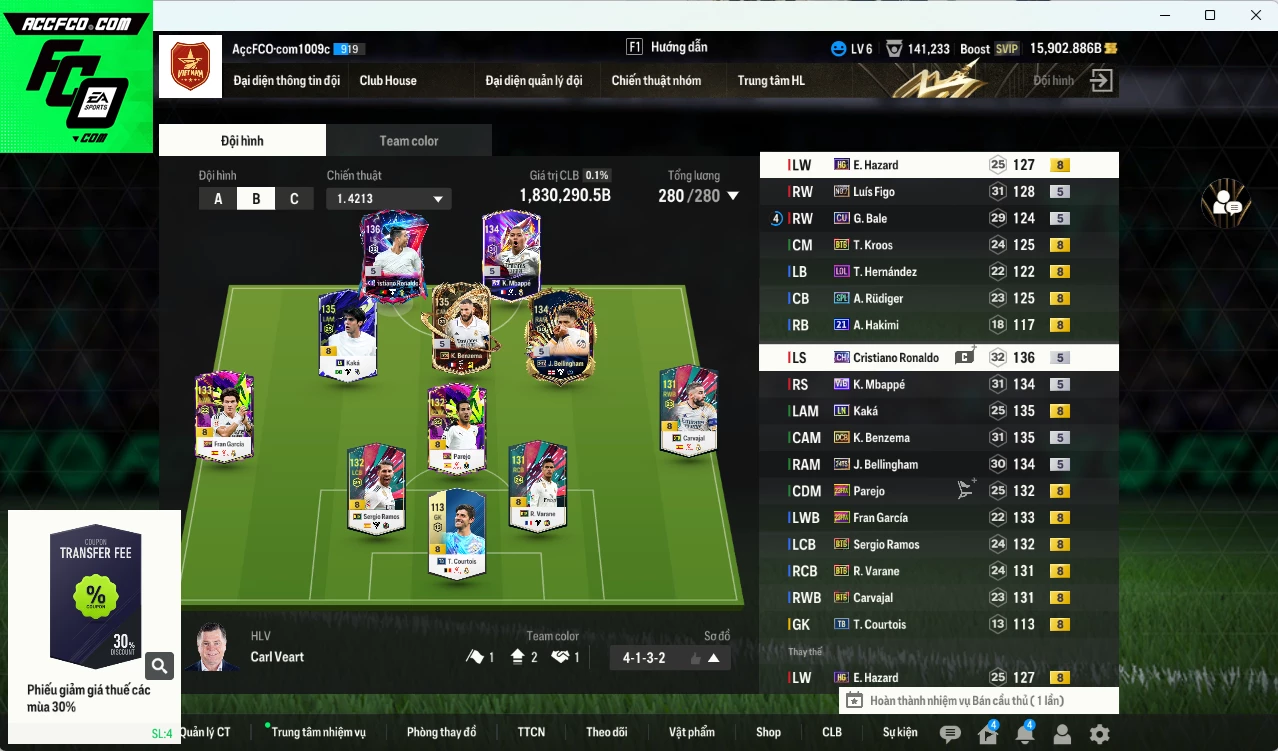 [ACC Rẻ🔥] Real Madrid 1.830.290b dư 15.000b có CR7 CH, Benzema DCB, Varane BTB, Ramos BTB, Bellingham 24TS, Kaká LN, Mbappé WB, Kroos BTB, Rudiger SPL, Figo No.7, Hazard HG, Hakimi 21UCL, Carvajal BTB... HLV Xịn